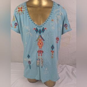 Johnny Was Light Blue Blouse With Southwestern Embroidery Front & Back Medium